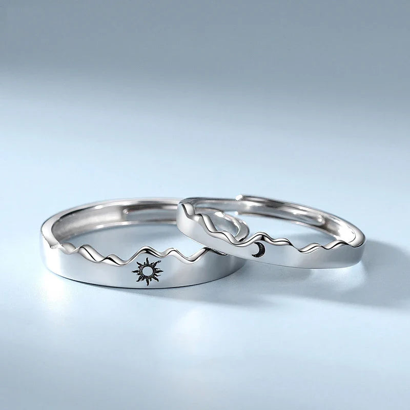 New Silver Couple Rings - Sun & Moon Adjustable Open Ring for Men & Women, Wedding & Fashion Jewelry Gift