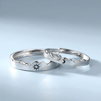 New Silver Couple Rings - Sun & Moon Adjustable Open Ring for Men & Women, Wedding & Fashion Jewelry Gift