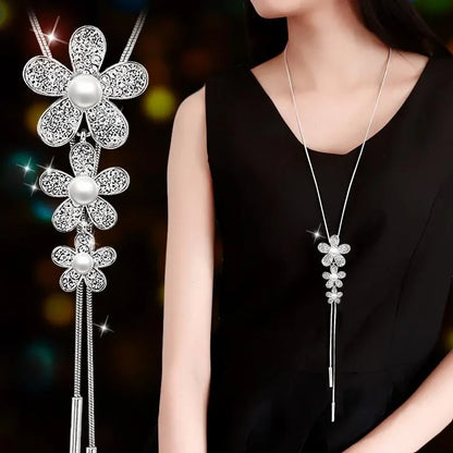 Opal Tulip Long Sweater Necklace – Elegant Floral Pendant Chain for Women Autumn Winter Fashion Accessories