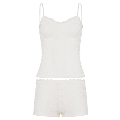 SUCHCUTE Women’s White Lace 2-Piece Homewear Set – Sleeveless Spaghetti Strap Tank Top & Low-Rise Elastic Waist Shorts, Y2K Casual Lounge Outfit