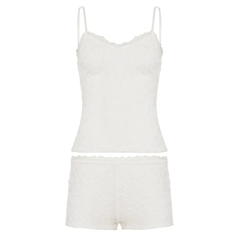 SUCHCUTE Women’s White Lace 2-Piece Homewear Set – Sleeveless Spaghetti Strap Tank Top & Low-Rise Elastic Waist Shorts, Y2K Casual Lounge Outfit