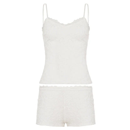 SUCHCUTE Women’s White Lace 2-Piece Homewear Set – Sleeveless Spaghetti Strap Tank Top & Low-Rise Elastic Waist Shorts, Y2K Casual Lounge Outfit