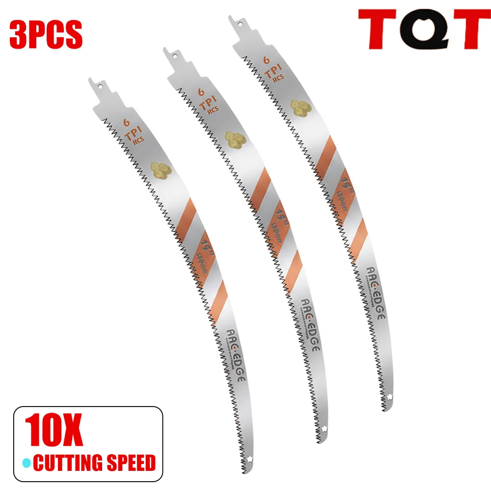 3Pcs Reciprocating Saw Blades Set 6-10-12-15 Inch 6TPI Arc Edge – Heavy Duty Wood Pruning Blades for Tree Trimming & Wood Cutting Tools
