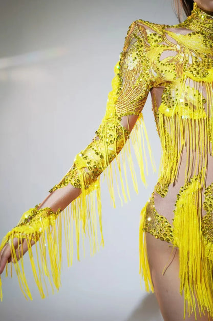 Sexy Blue Rhinestone Skinny Leotard – One-Shoulder Fringe Dance Costume for Singers & Dancers