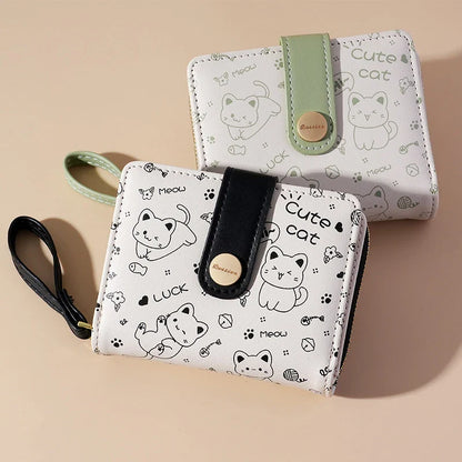 Japanese Cute Cat Wallet for Girls – Short Zipper Wallet, ID & Bank Card Holder, Coin Purse & Key Storage for Women