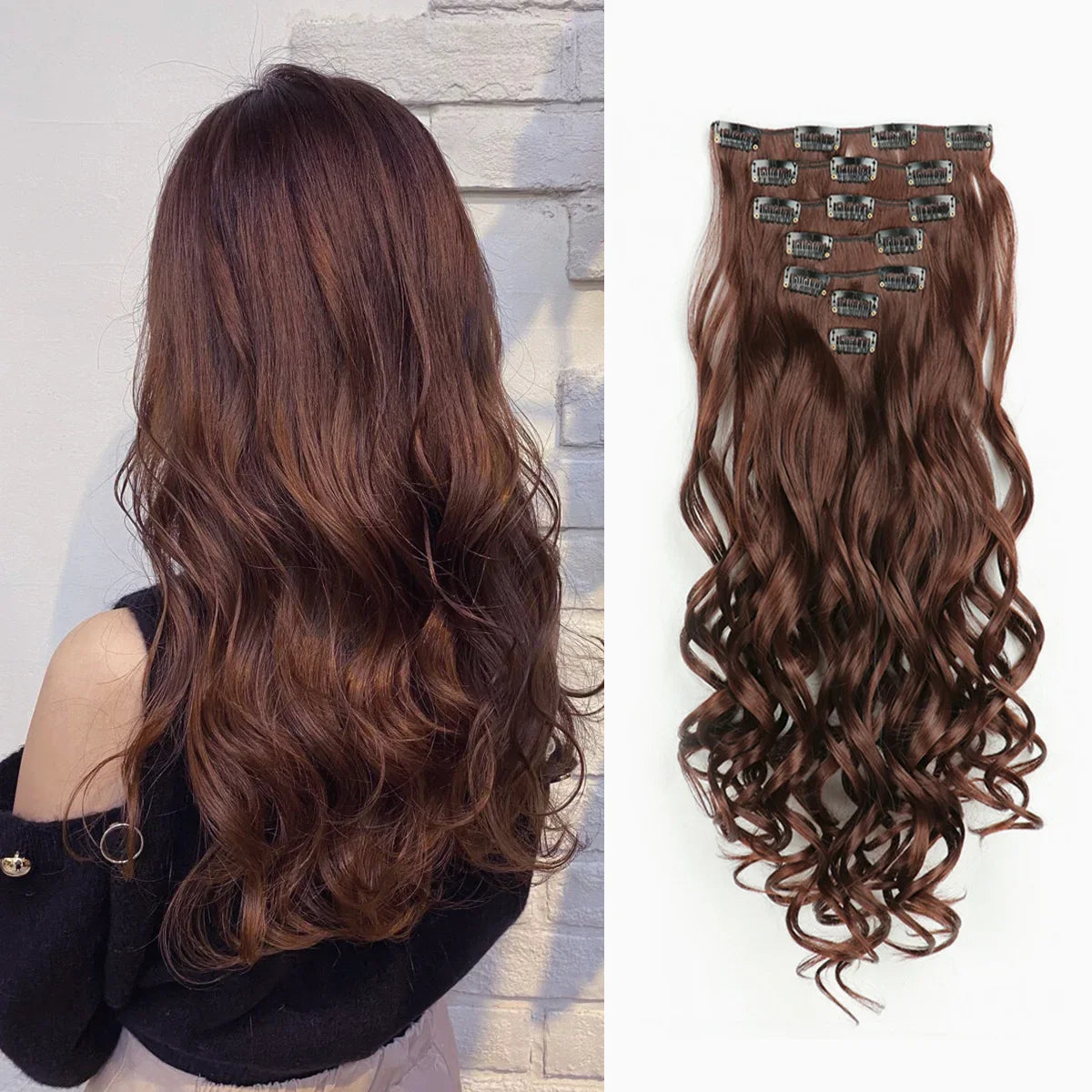 Clip-In Hair Extensions, 7-Piece Full Head 22-Inch Long Curly Wavy Synthetic Hair Extensions for Women and Girls