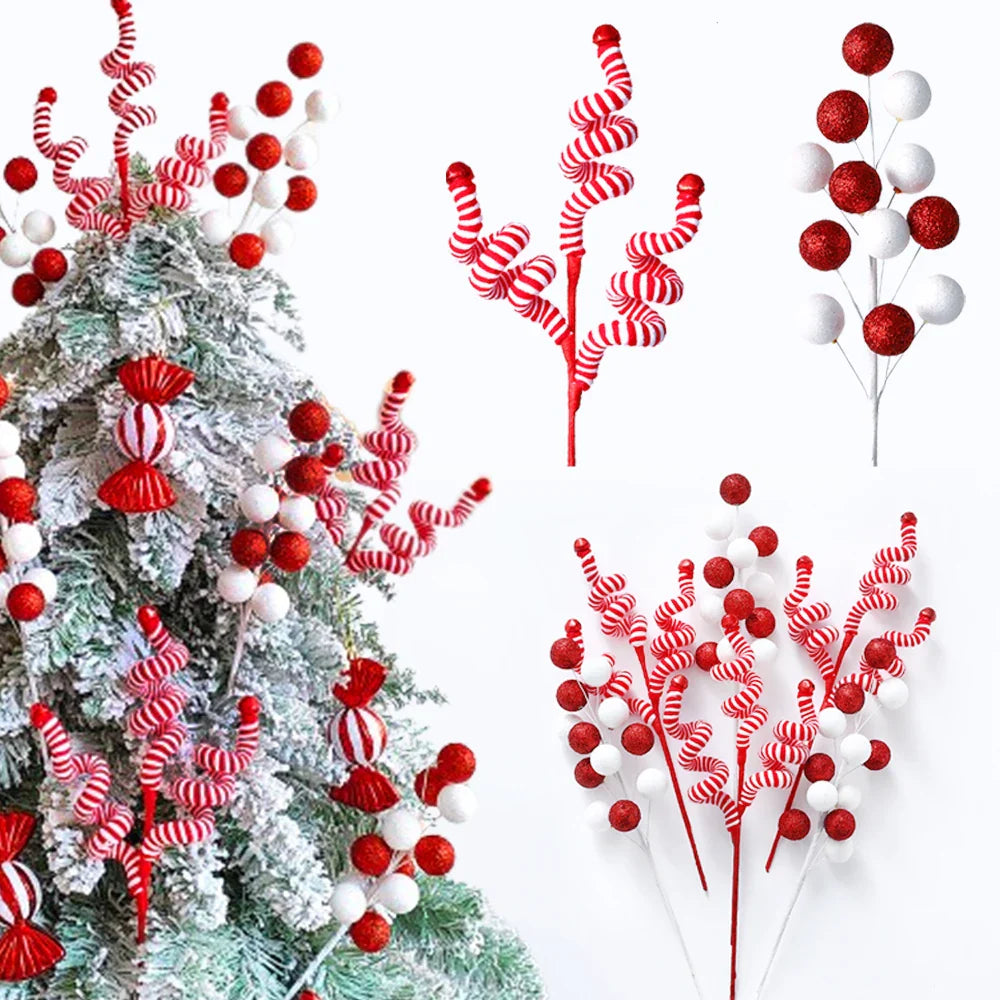 1/2PCS Red & White Woolen Bells – Candy Cane Branches for Xmas Tree, DIY Crafts, Vase & Wreath Christmas Decorations