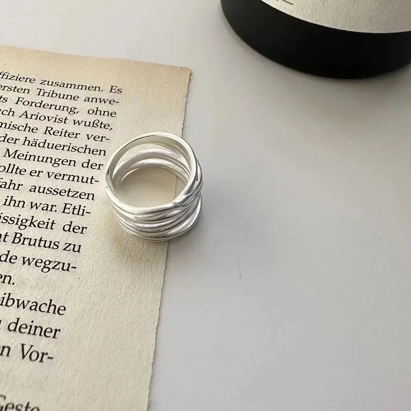 925 Sterling Silver Open Ring — Handmade Geometric Irregular Cross Lines for Women