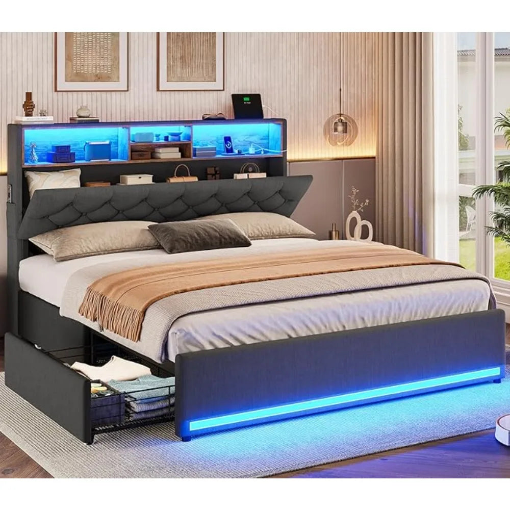 Queen Bed Frame with Headboard & 4 Drawers – LED Upholstered and Metal Bed with Charging Station, Twin & Queen Sizes