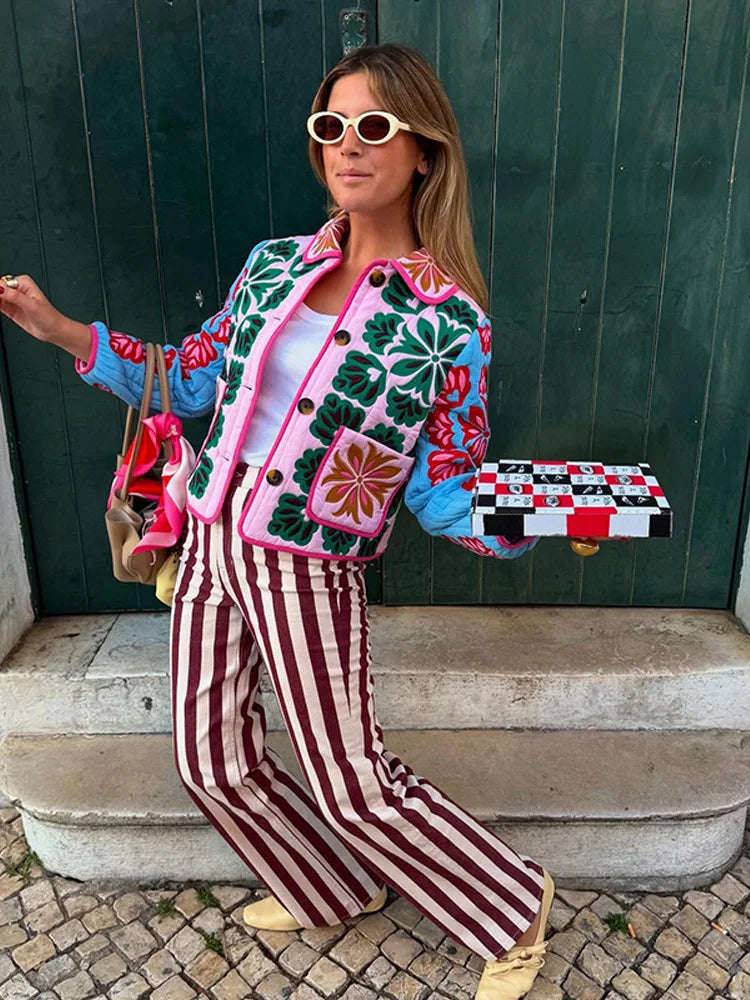 2025 Women’s Printed Quilted Padded Jacket – Collared Cotton Coat with Contrast Piped Pockets, Casual Autumn Outerwear