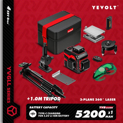 YEVOLT YVGLL4XS12 12-Line Green Laser Level – ±0.2mm/m Precision, IP54 Waterproof, Auto-Leveling with Slope Mode