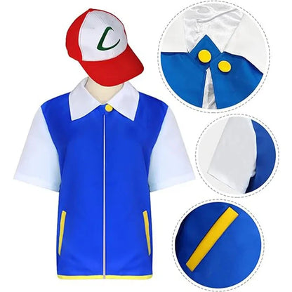 Men’s Anime Trainer Cosplay Costume — Ash Ketchum Outfit for Halloween & Parties with Blue Jacket, Cap & Gloves Set