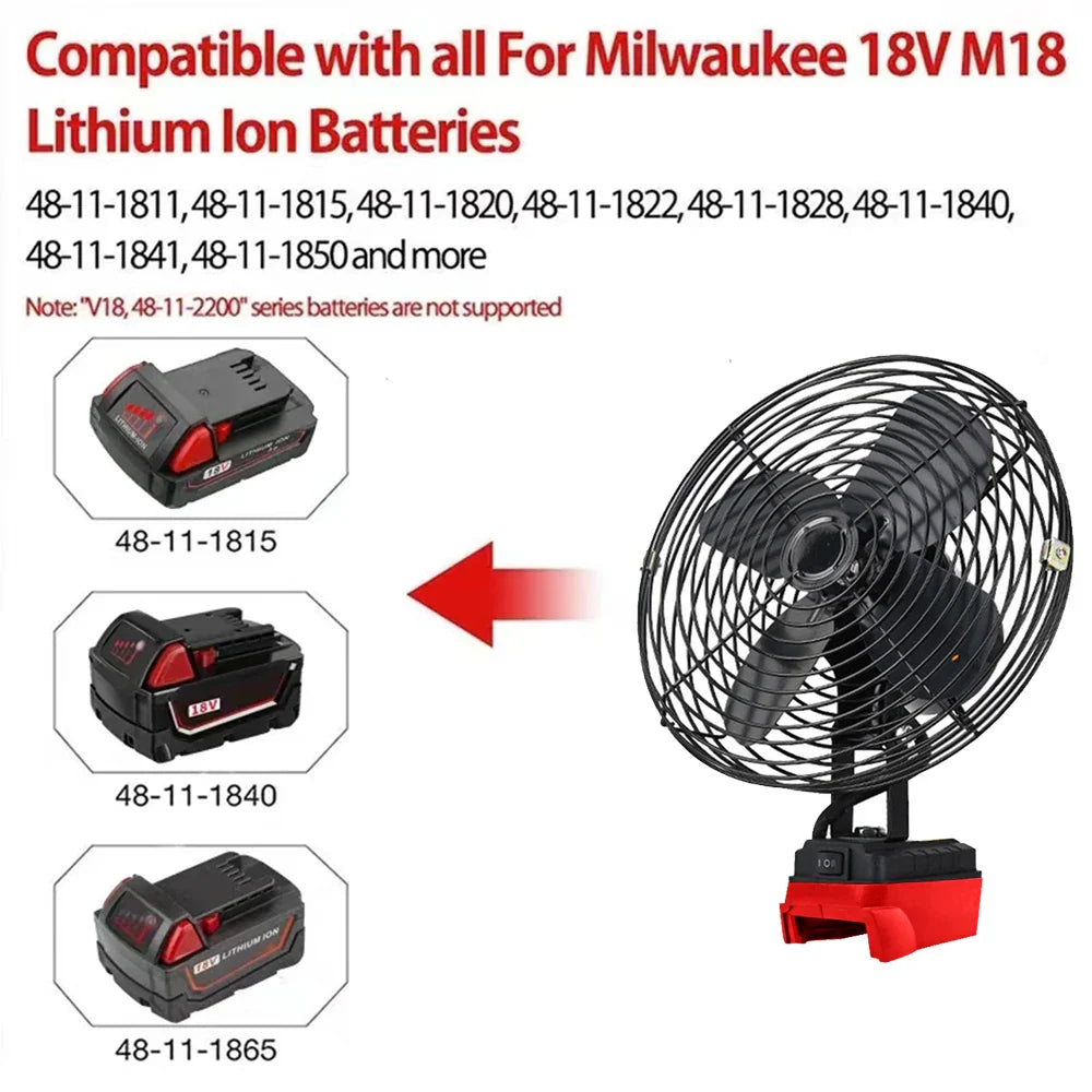 6/8-Inch Portable Outdoor Camping Fan – Wireless Desktop Metal Fan Compatible with Makita, Dewalt & Milwaukee 18V Batteries