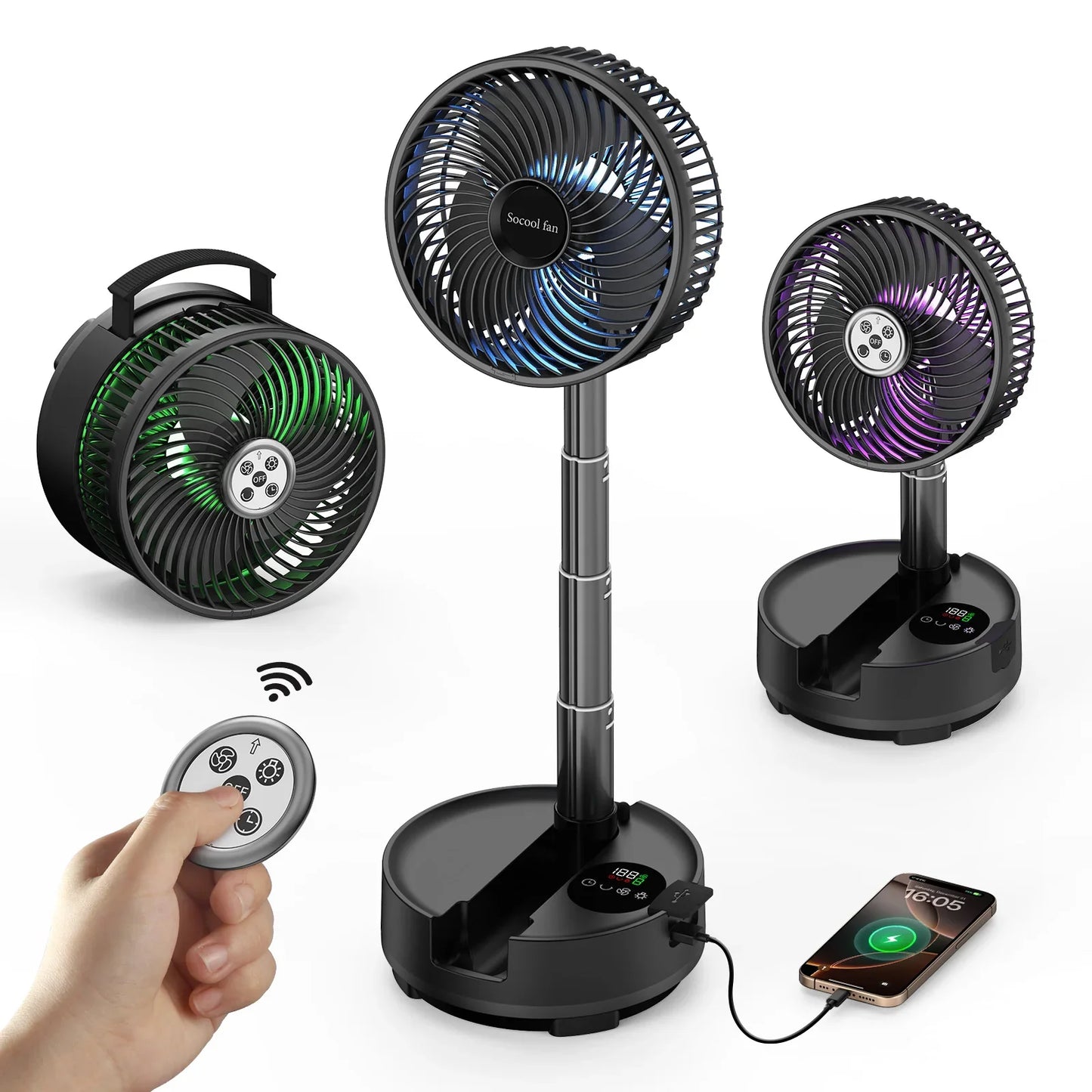 Socool 20000mAh Portable Folding Fan - Rechargeable 8-Speed Oscillating Floor & Desk Fan with Remote Control