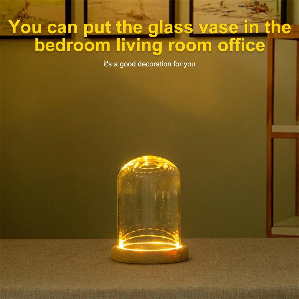 Glass Dome with Wooden Base & LED Light – Terrarium Vase, Flower Holder, Landscape Container for Bedroom Decor & Birthday Gifts
