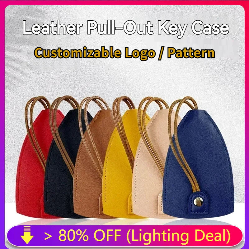 Creative Pull-Out Leather Key Case Cover - Large-Capacity Sleeve Keychain Bag, Cute Car Key Fob Protector with Holder Hook