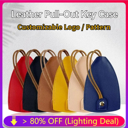 Creative Pull-Out Leather Key Case Cover - Large-Capacity Sleeve Keychain Bag, Cute Car Key Fob Protector with Holder Hook