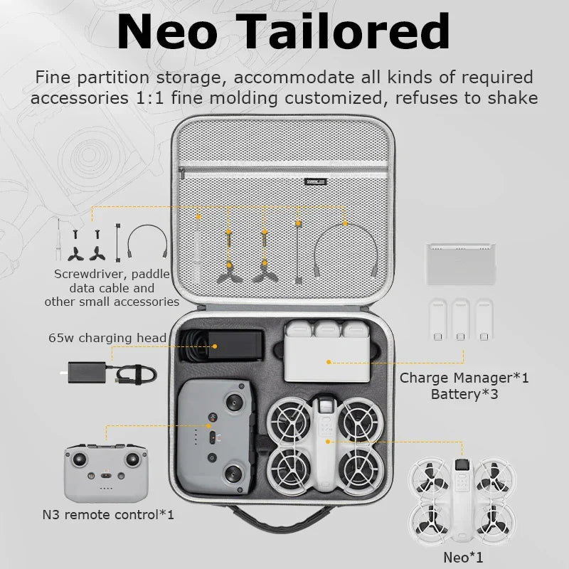 NEO Drone PU Storage Bag — Portable Large Capacity Shoulder & Handheld Organizer for DJI Neo RC-N3 with Shock Absorbing Protection