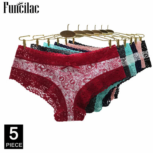 Sexy Lace Women's Cotton Panties, Bow Briefs Bikini Underwear, 5-Piece Set for Ladies & Girls