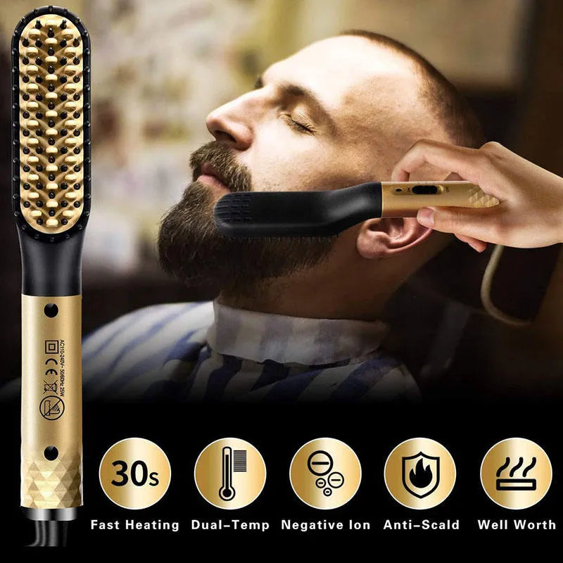 Electric Hot Comb Straightener: Negative Ion Heating Brush for Quick Beard Hair Styling - Wet/Dry Use, Men's Hair Styler