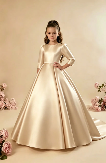 Girls First Communion Satin Dress - Long Sleeve A-Line Princess Gown for Weddings & Parties