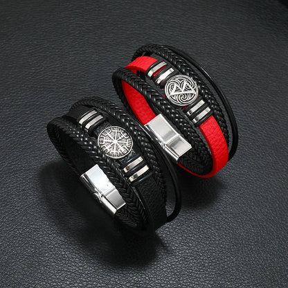 Fashion Men’s Multi-Layer Braided Leather Bracelet – Scripture, Compass & Evil Eye Design