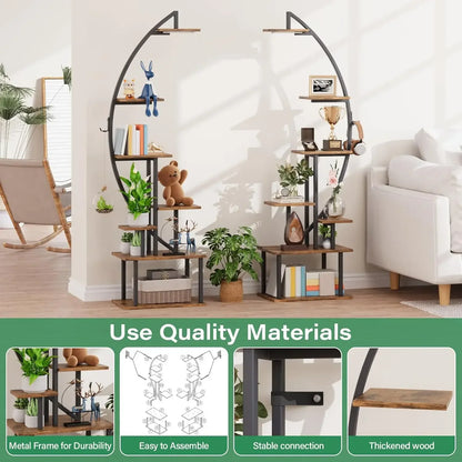 64" Tall Arched Bookshelf with Lights - 2-Pack 7-Tier Ladder Bookcase for Home Office Storage & Display
