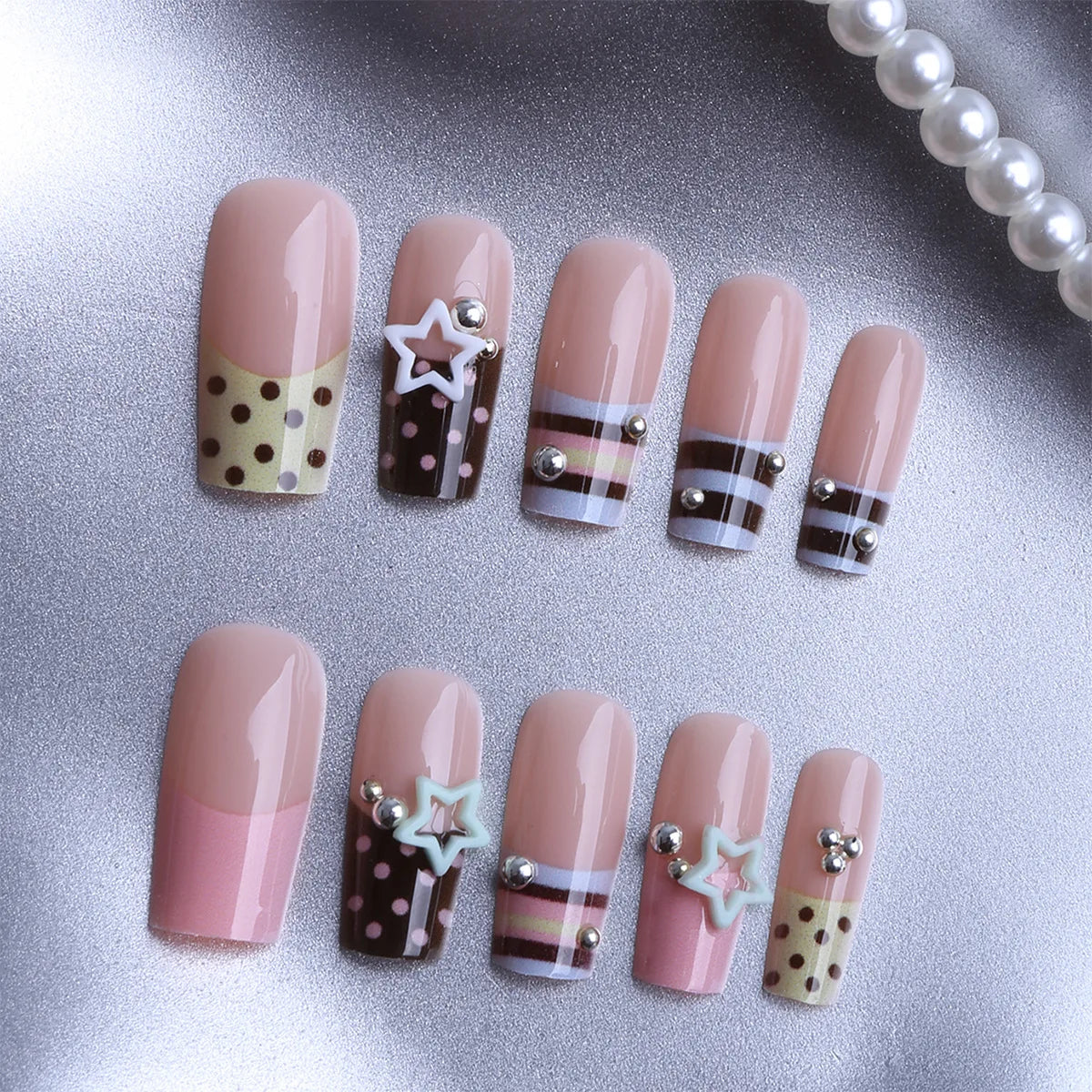 24PCS Y2K Sweet Stars Press-On Nails - Blue Brown Striped French Style Autumn Vintage Wave Point Fake Nail Set