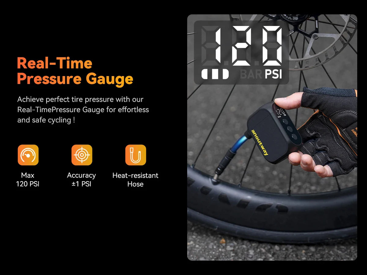 Anoutway AT1 Pro Mini Electric Bike Pump – Cordless Tire Inflator with Screen, 120PSI Max, 25-Min Fast Charging, 450mAh Battery