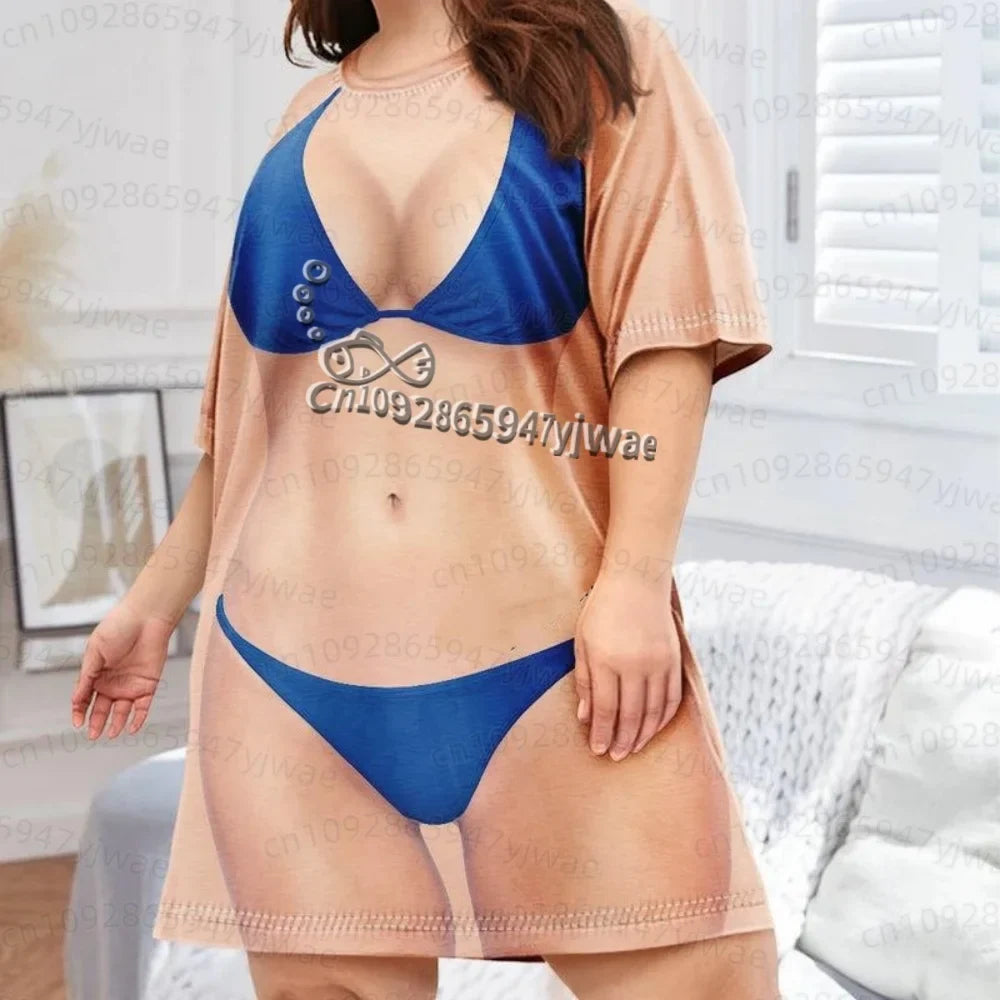 Women's 3D Bikini Print T-Shirt Dress - Casual Short Sleeve Summer Sleep & Home Dress