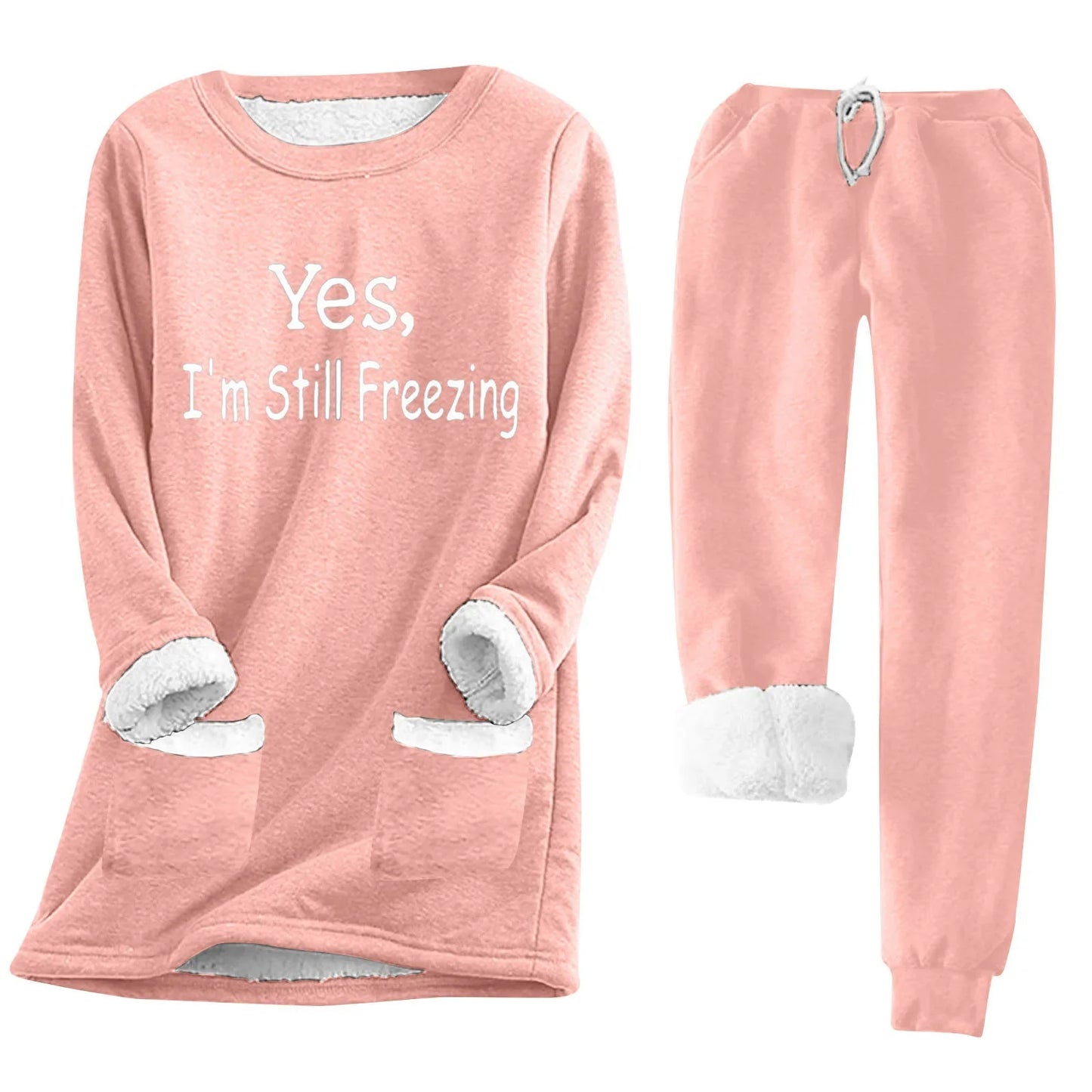 Women's Autumn Winter Fleece Pajama Set - Long Sleeve Sweatshirt & Drawstring Waist Pocket Pants