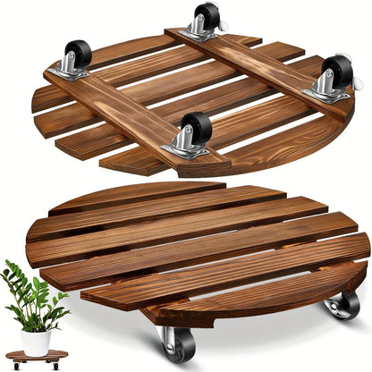 Wooden Plant Caddy Stand - Heavy Duty Rolling Plant Dolly with Lockable Wheels for Indoor & Outdoor Pots
