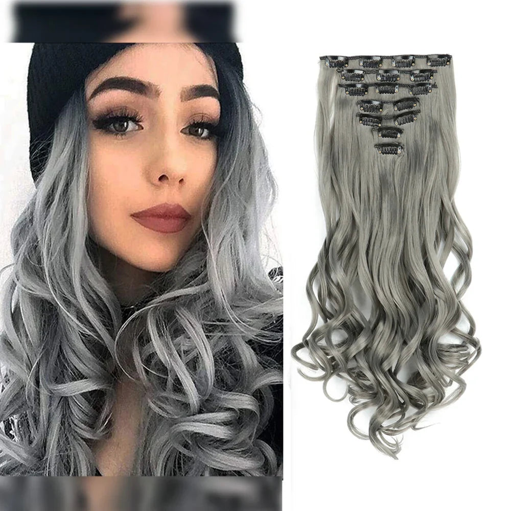 Clip-In Hair Extensions, 7-Piece Full Head 22-Inch Long Curly Wavy Synthetic Hair Extensions for Women and Girls