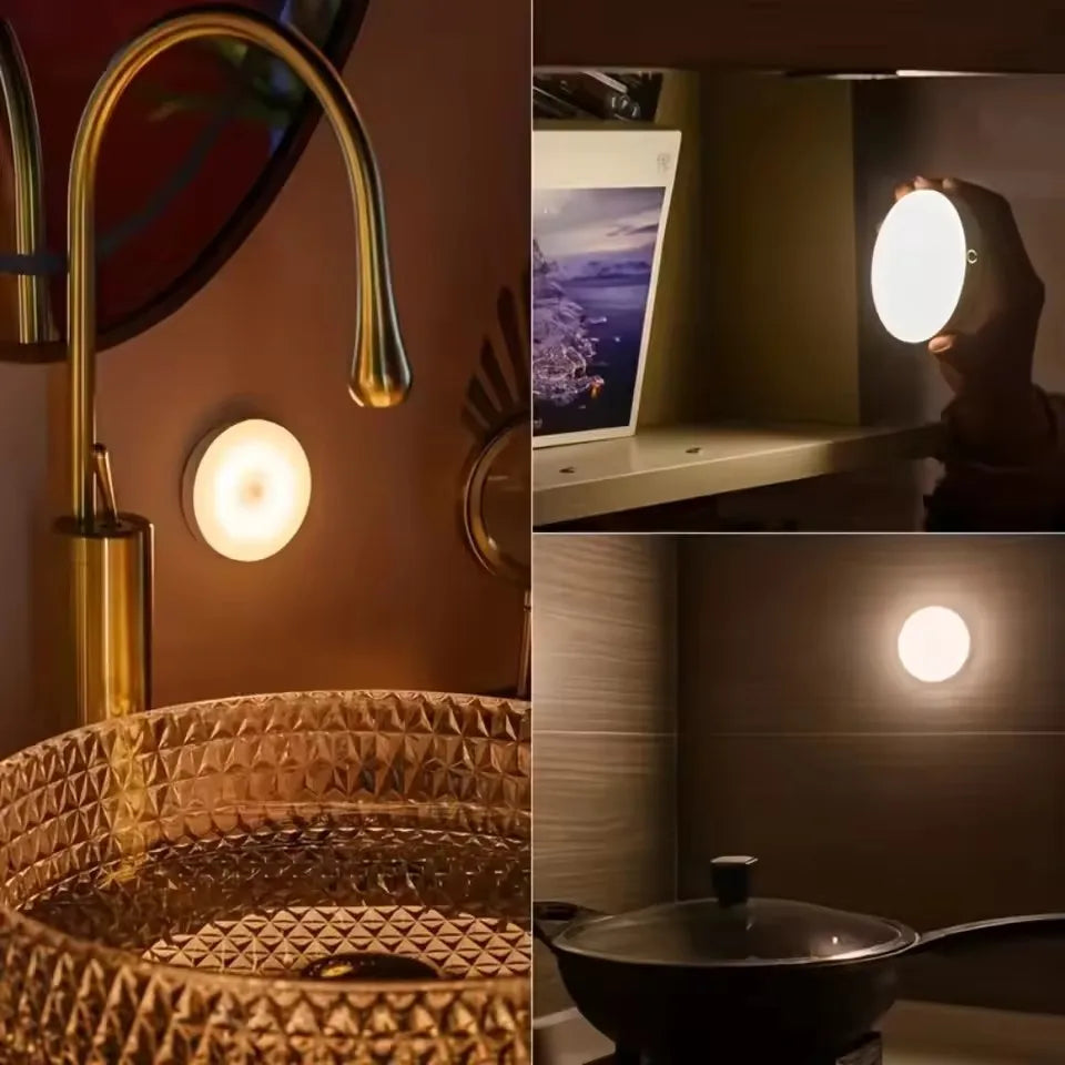 Mini LED Touch Night Light – USB Rechargeable, Portable Round Lamp with Magnetic Base & Dimming for Bedroom & Kitchen