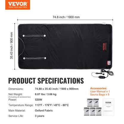VEVOR Portable Sauna Blanket – Far Infrared Detox & Relaxation with Adjustable Temperature & Timer