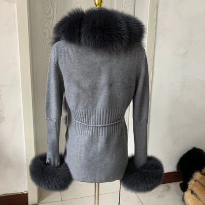 Women’s Spring & Autumn Sweater Cardigan – Real Fox Fur Collar Jacket, Natural Fur Outerwear
