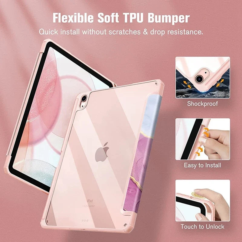 Smart PU iPad Case - Transparent Protective Cover for iPad Air Pro 11 Inch 10.9 10.2 9.7 Models with Stand