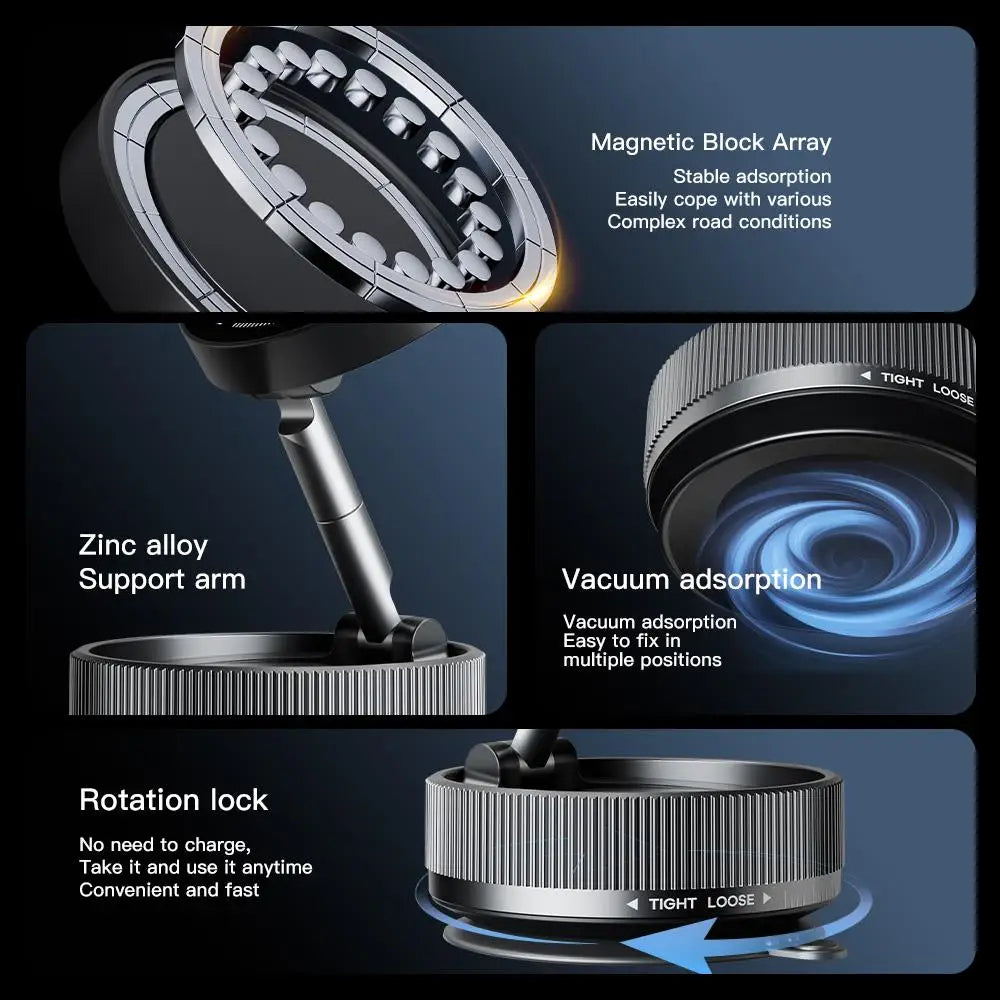 Vacuum Suction Magnetic Phone Holder – 360° Rotating Hands-Free Foldable Car & Smooth Surface Mount