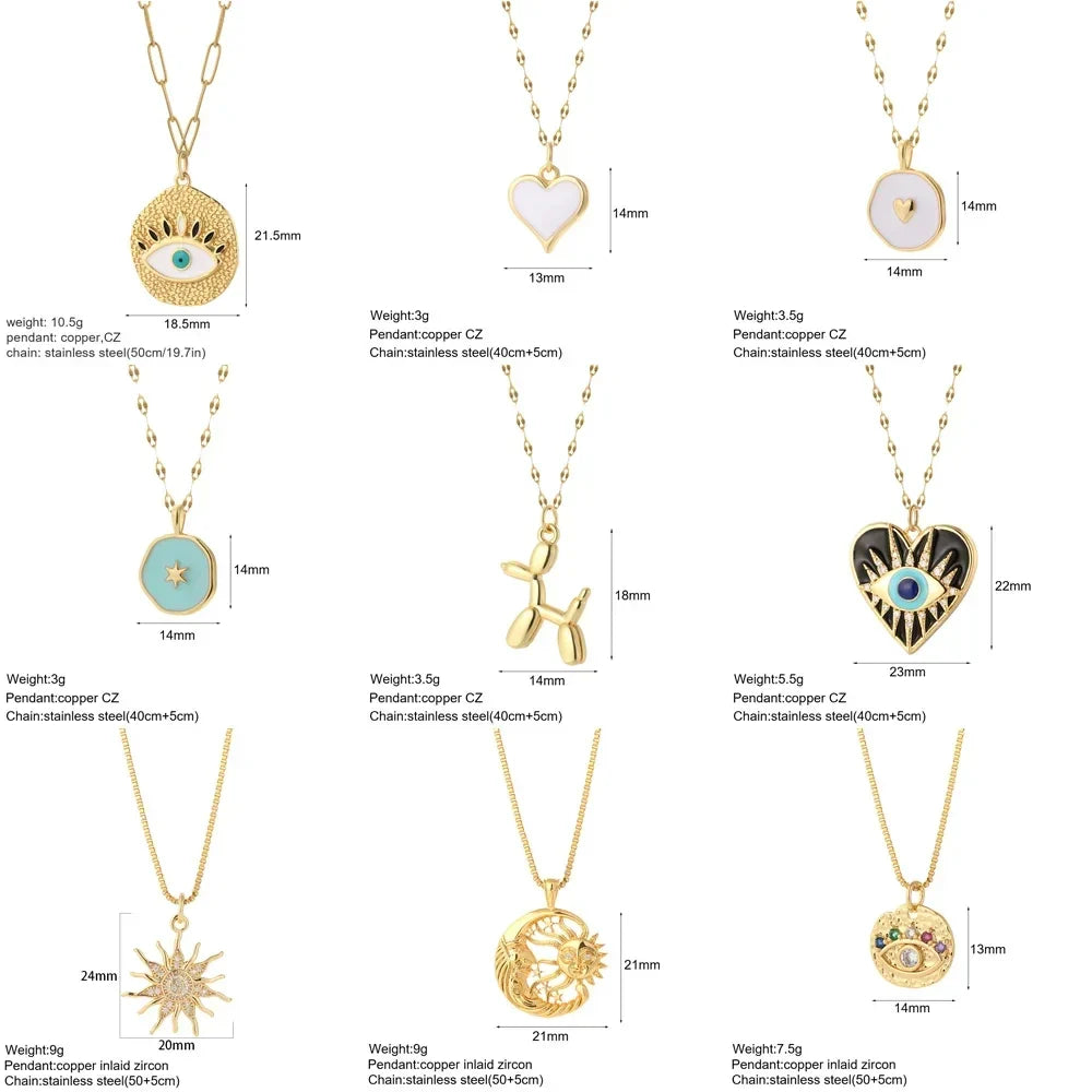 Heart Evil Blue Eye Sun Necklace – Cute Dog, Bee & Elephant Gold Pendant with Long Stainless Steel Chain for Women
