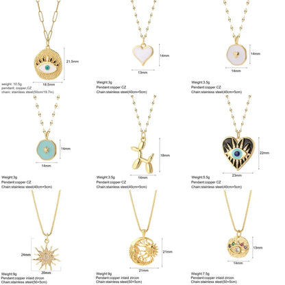 Heart Evil Blue Eye Sun Necklace – Cute Dog, Bee & Elephant Gold Pendant with Long Stainless Steel Chain for Women