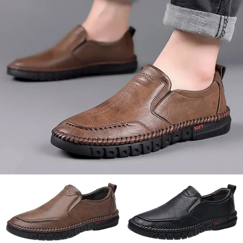 Men’s Genuine Leather Hand-Stitched Slip-On Shoes - Business Formal Wedding & Party Dress Footwear