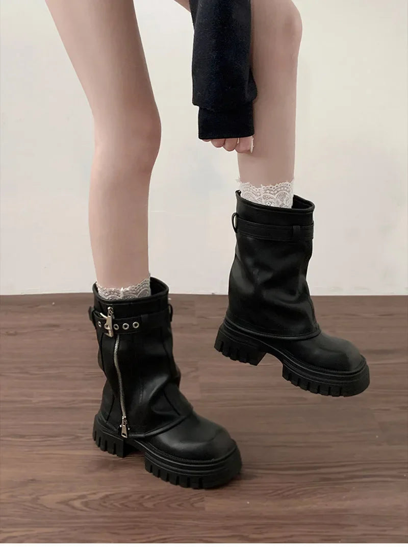 Women’s Winter Biker Boots – Fashion Belt Buckle Platform Short Booties, Casual Knight-Style Flats