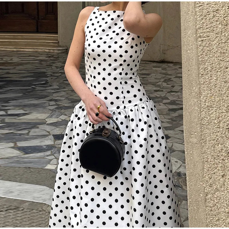 Elegant Women’s Polka Dot Maxi Dress – Chic Sleeveless Round Neck High Waist Slim Fit Vestido for Party & Street, 2025 New