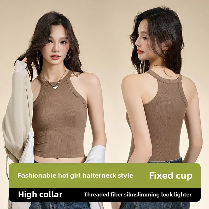 Women’s Threaded Halter Neck Camisole Top – Built-in Bra Slim Fit Elastic Breathable Sling Tank Top with Fixed Cups Underwear Style Basic Wear