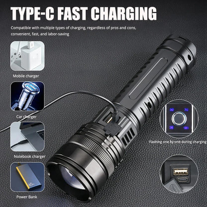 1000W Tactical LED Flashlight – Built-in 15000mAh Battery Emergency Spotlight, 9km Beam, 990,000,000LM Super Bright Torch