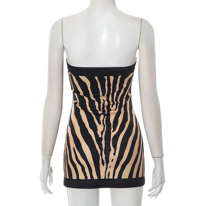 Zebra Stripe Strapless Mini Dress - Women's Backless A Line Bodycon Sleeveless Autumn Winter Outfit