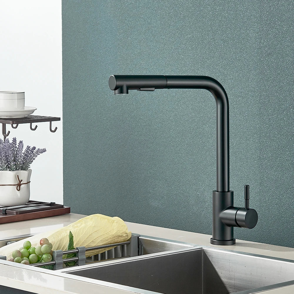 Black Flexible Pull-Out Kitchen Faucet - Stainless Steel 2-Mode Nozzle, 360° Rotating Hot & Cold Water Sink Mixer Tap