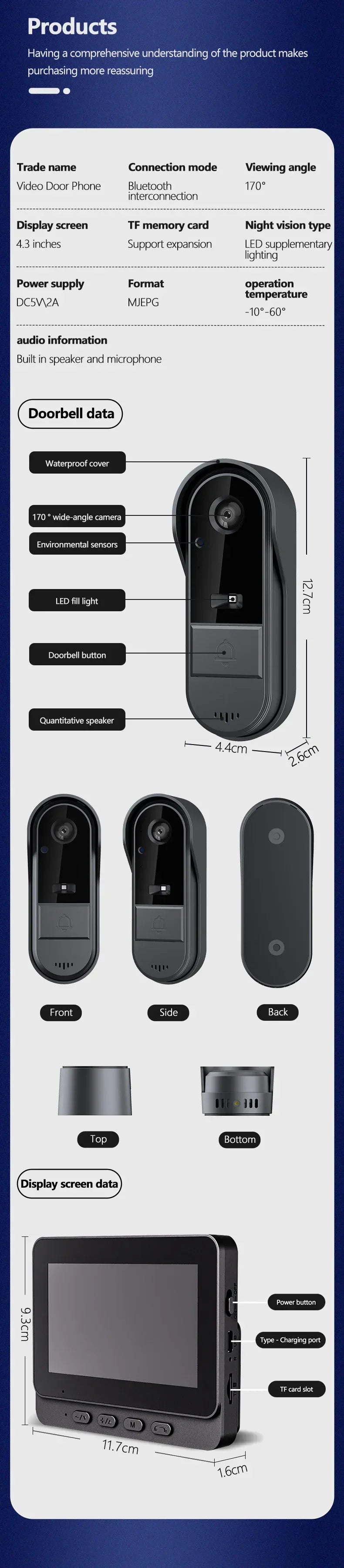 4.3" HD Wireless Video Doorbell — Night Vision, Waterproof Smart Home Intercom Camera