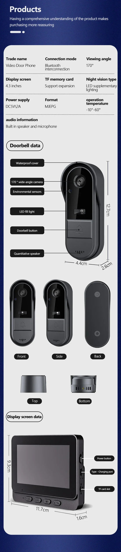 4.3" HD Wireless Video Doorbell — Night Vision, Waterproof Smart Home Intercom Camera