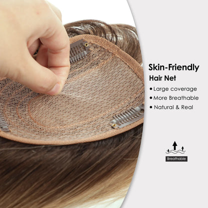 Brown Blonde Ombre Human Hair Toppers for Women – 10/12/14 Inches with Silk Base, Clips, and Bangs